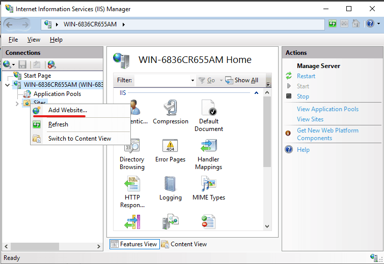 Install IIS on Windows Server add website