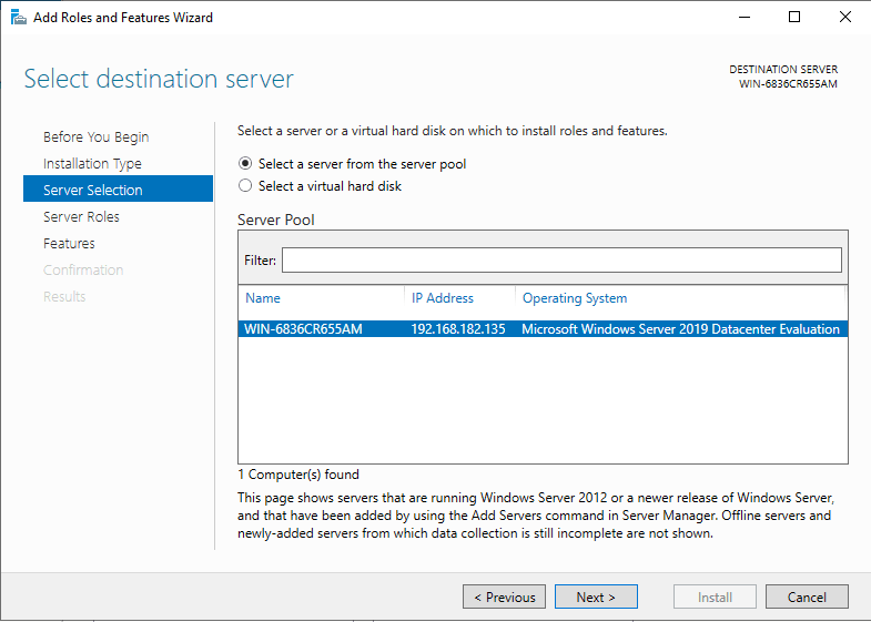 selection serveur destination pour installation IIS