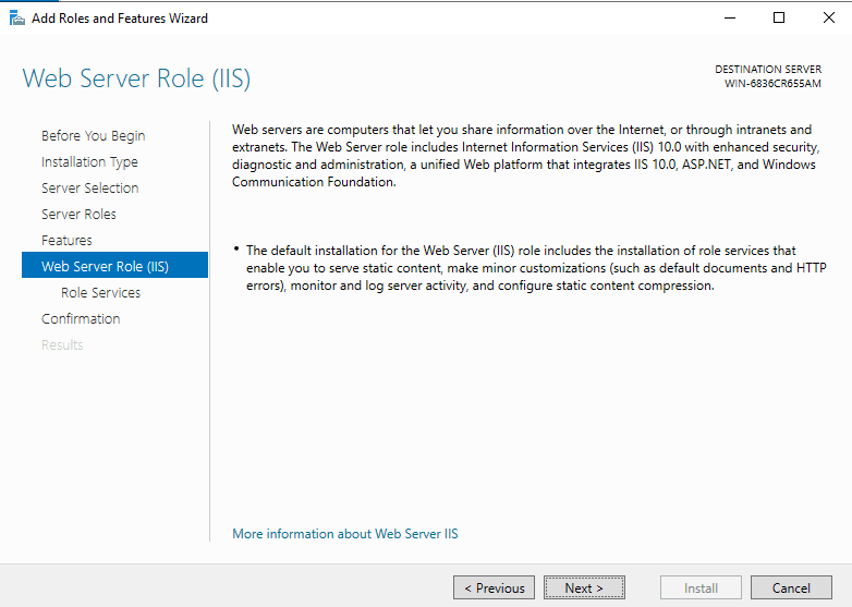Install IIS on Windows Server choix du rôle IIS