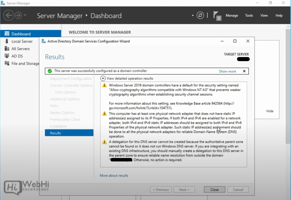 Résultats de la configuration du serveur Active Directory