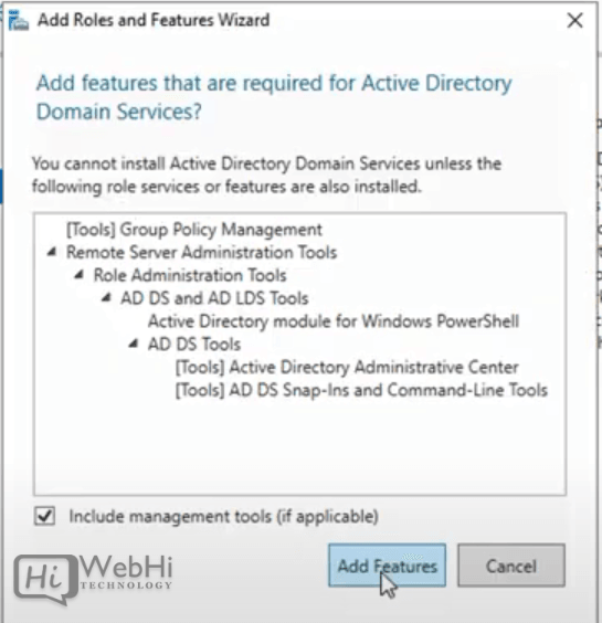 add features that are required for Active Directory