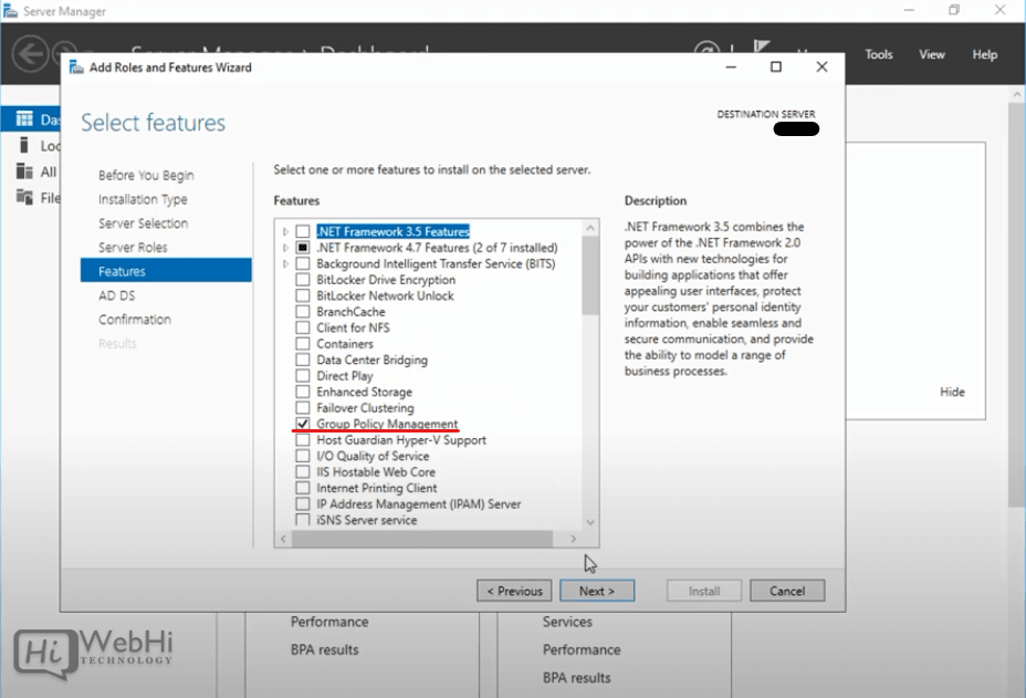 sélectionner les fonctionnalités de gestion des stratégies de groupe