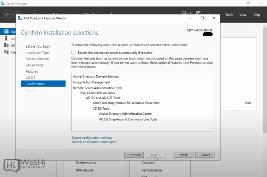 Confirm installation selections Active Directory