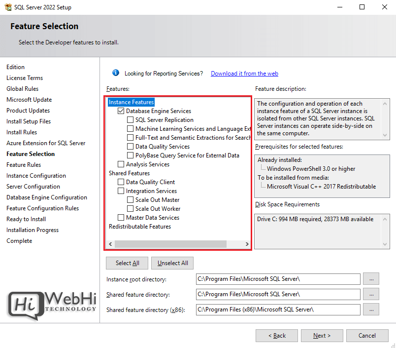 Sélection des caractéristiques de l'instance SQL server 2022