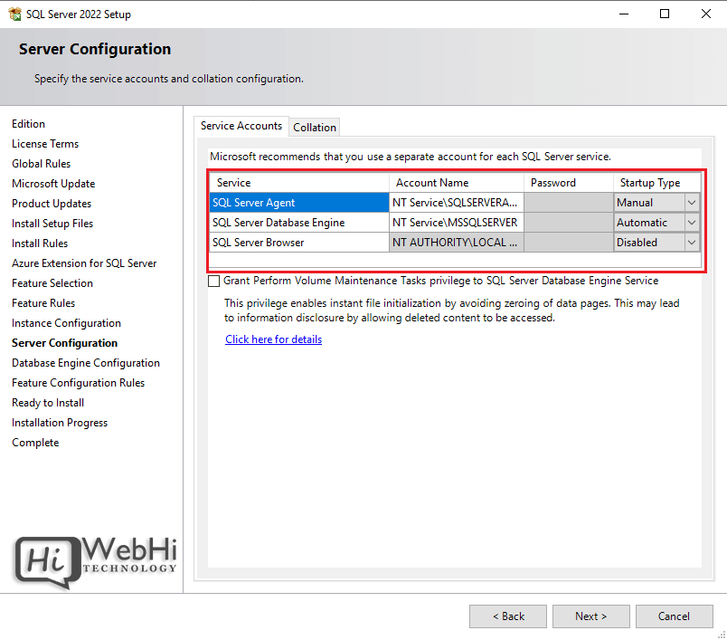 SQL server 2022 service accounts configuration