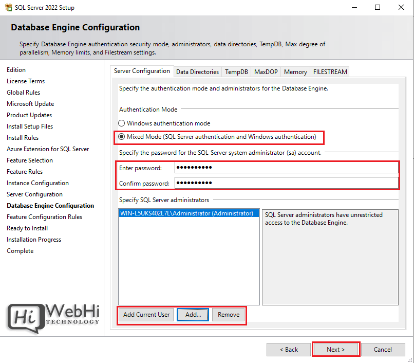 SQL server 2022 database engine configuration