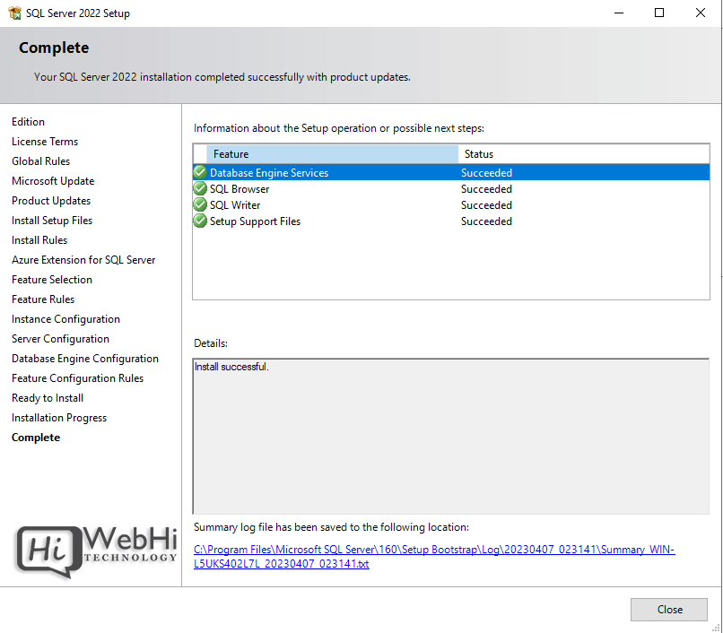 SQL server 2022 installation completed