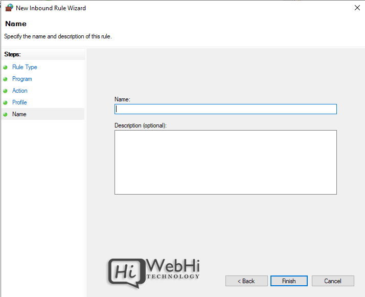 Windows Defender Firewall with Advanced Security new inbound rule name and description