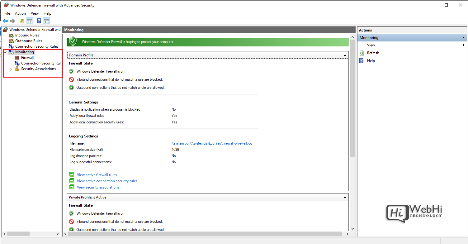 Windows Defender Firewall with Advanced Security Monitoring tab