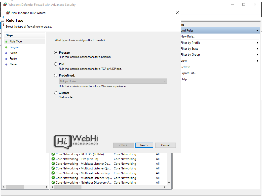 Windows Defender Firewall with Advanced Security new inbound rule
