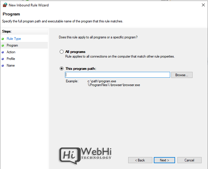 Windows Defender Firewall with Advanced Security new inbound rule program select