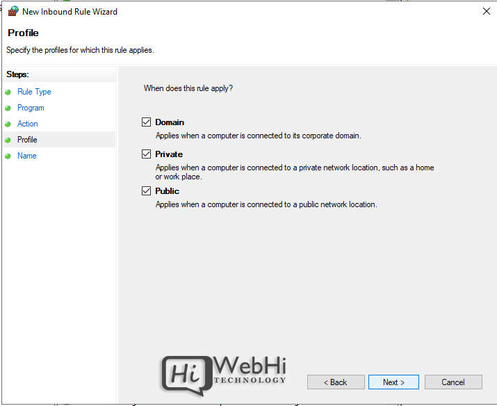 Windows Defender Firewall with Advanced Security new inbound rule profiles