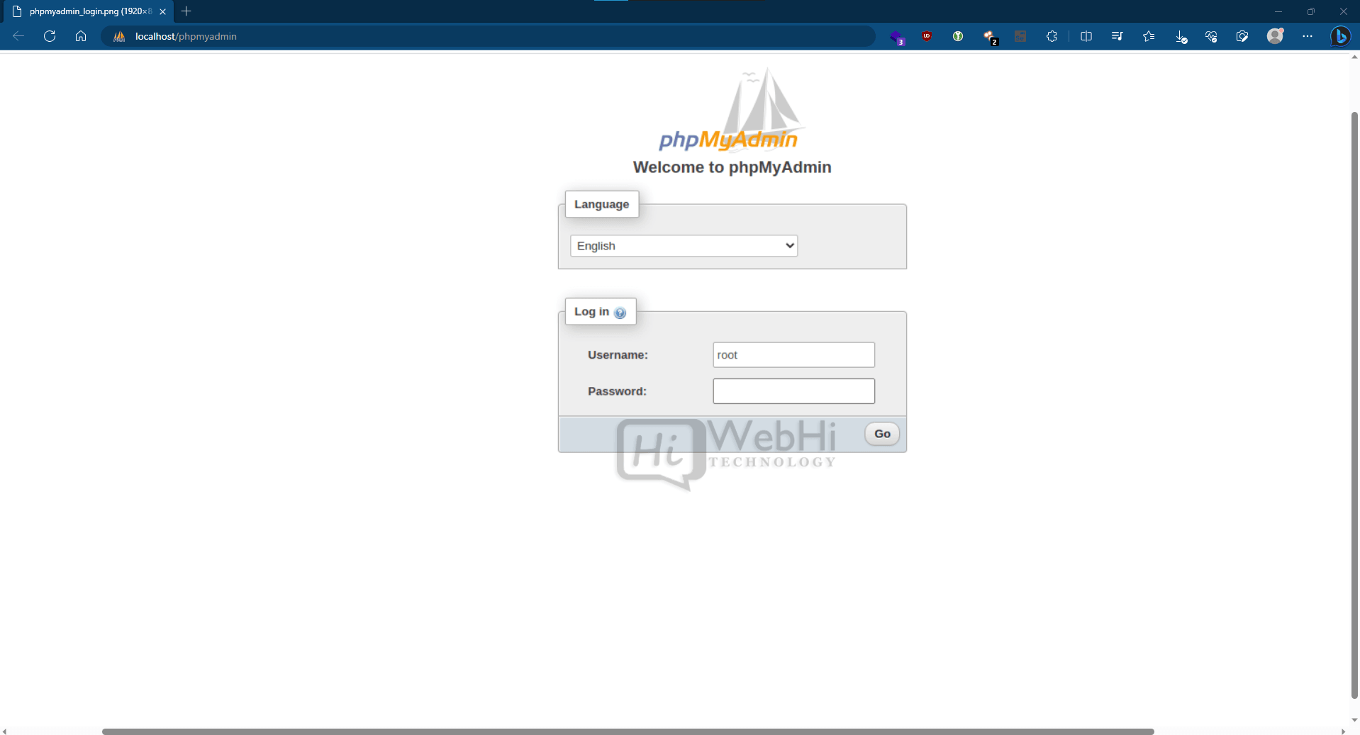 phpmyadmin login screen