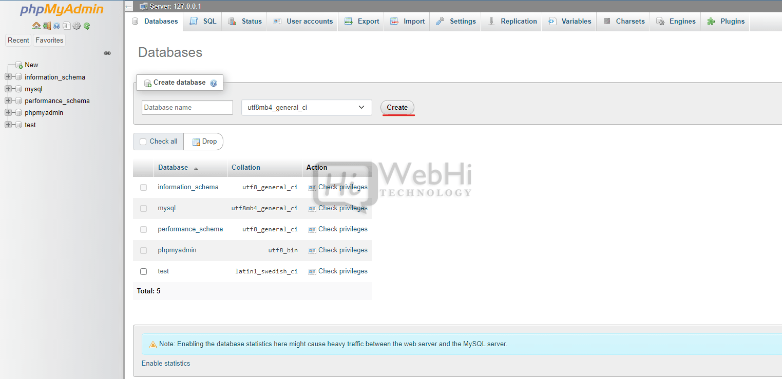 phpmyadmin create new database