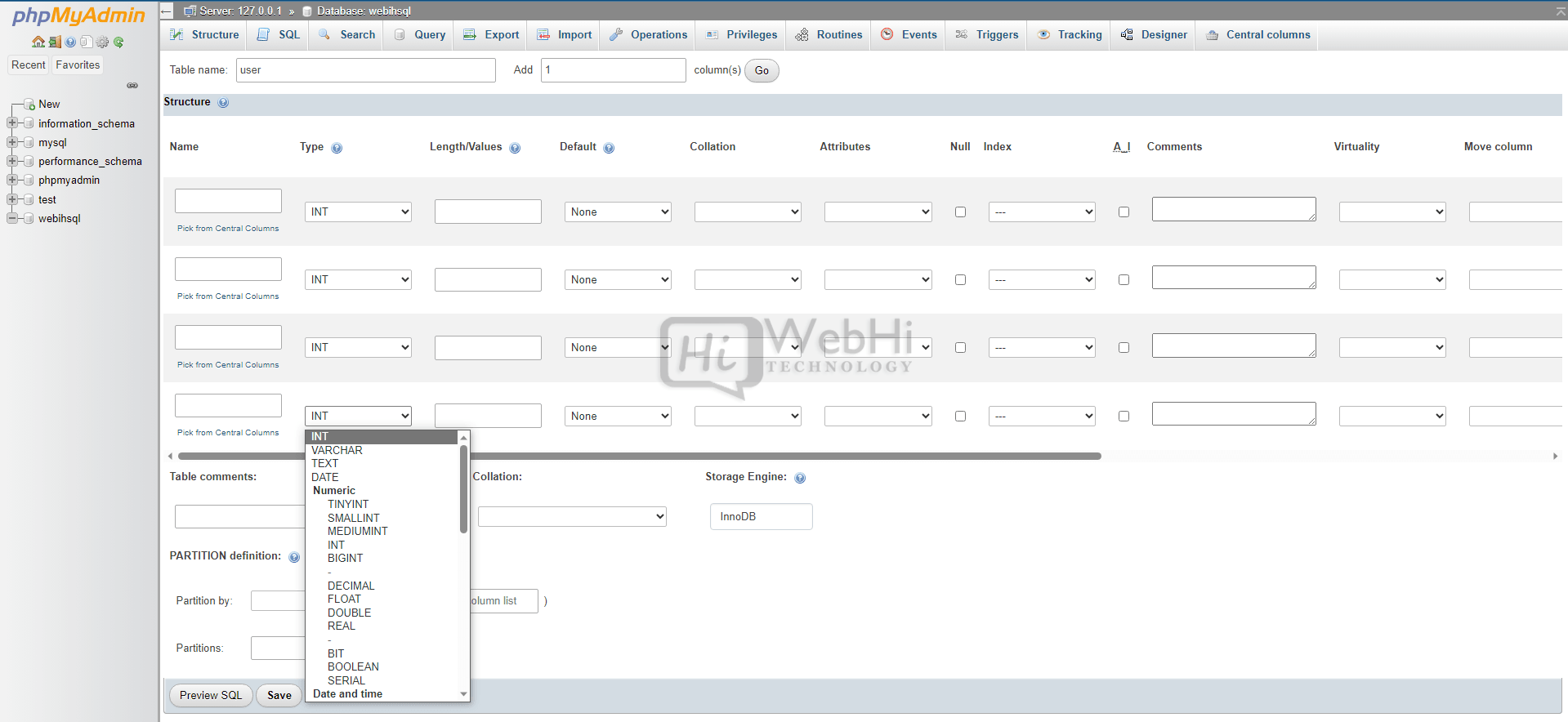 إنشاء جدول في phpmyadmin