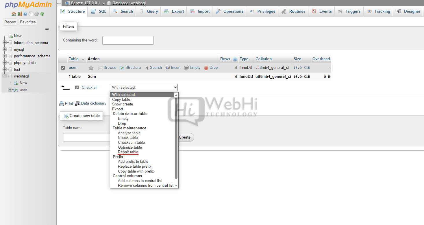 phpmyadmin Repairing Table