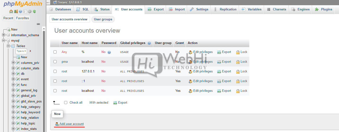 إدارة المستخدمين في phpmyadmin