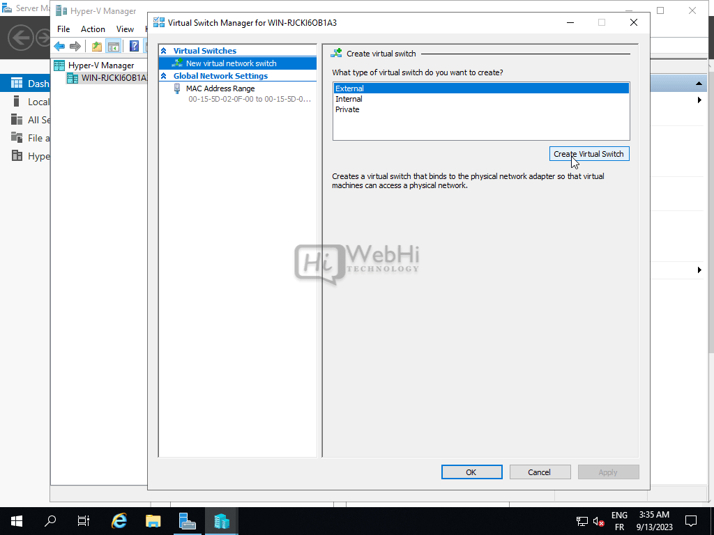 Hyper-V virtual switch create page Windows Server virtualization setup