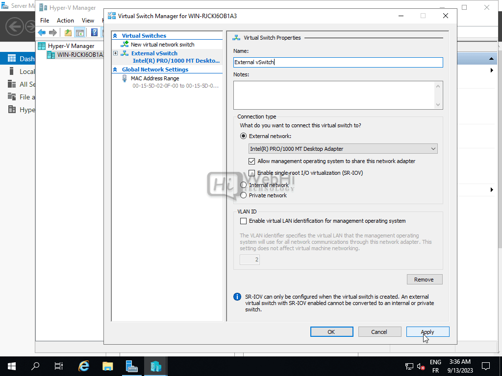 Hyper-V virtual switch manager page Windows Server setup