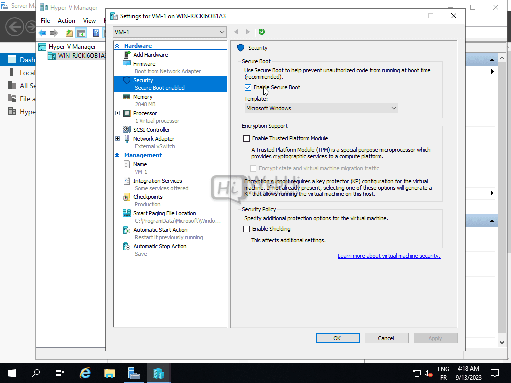 Virtual machine enable Secure Boot Hyper-V management tools