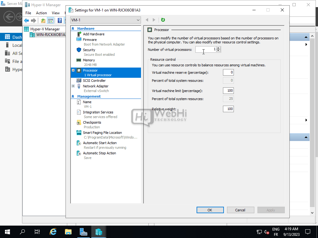 Machine virtuelle ajuster le nombre de processeurs virtuels Outils de gestion Hyper-V
