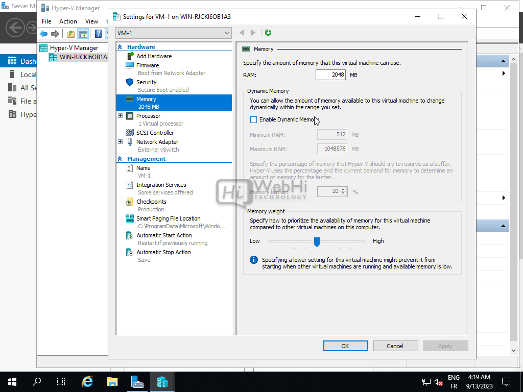 Virtual machine change Startup RAM Virtual environment deployment