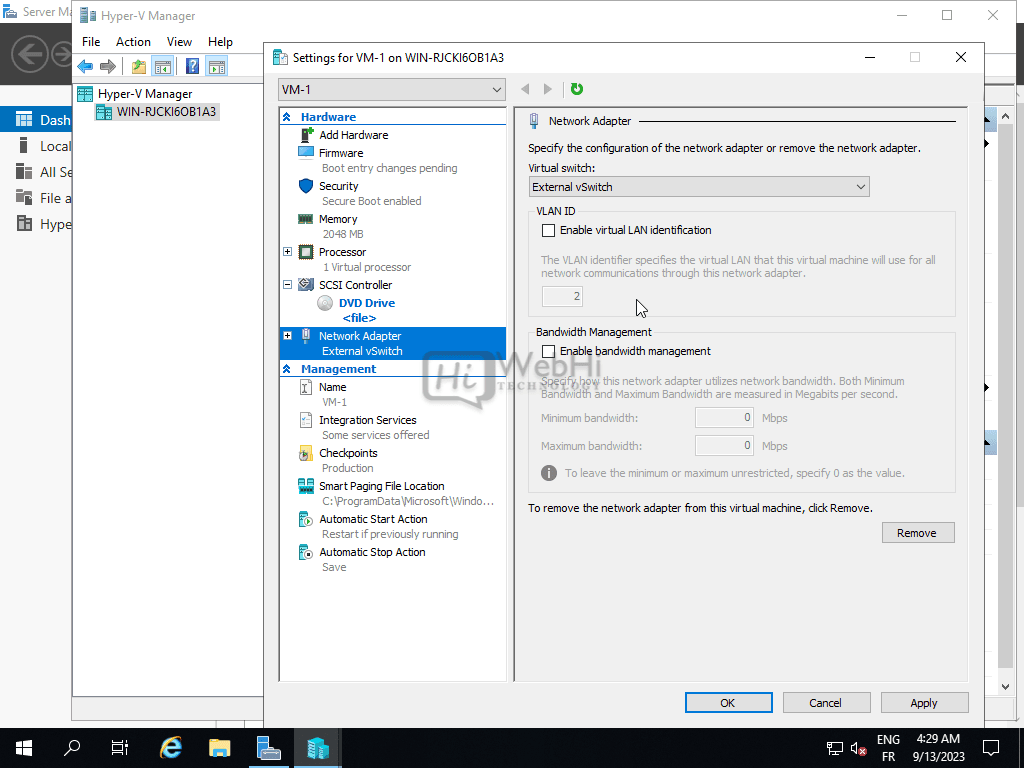 Virtual machine Virtual Switch is set to the external network hyper-V