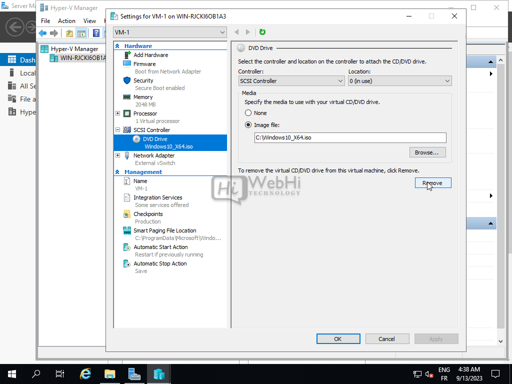 Virtual machine Hyper-V Manager eject the installation media