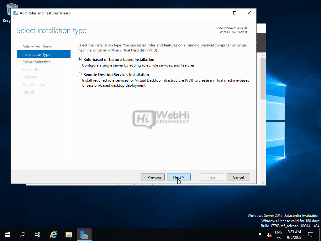 serveur Windows 2019 2016 sélectionnez le type d'installation
