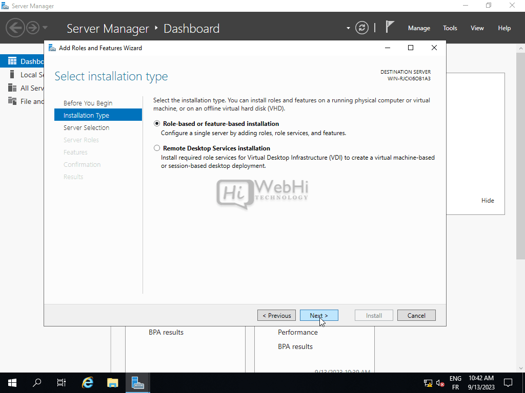 Assistant d'ajout de rôles et de fonctionnalités Type d'installation Virtualisation Windows Server
