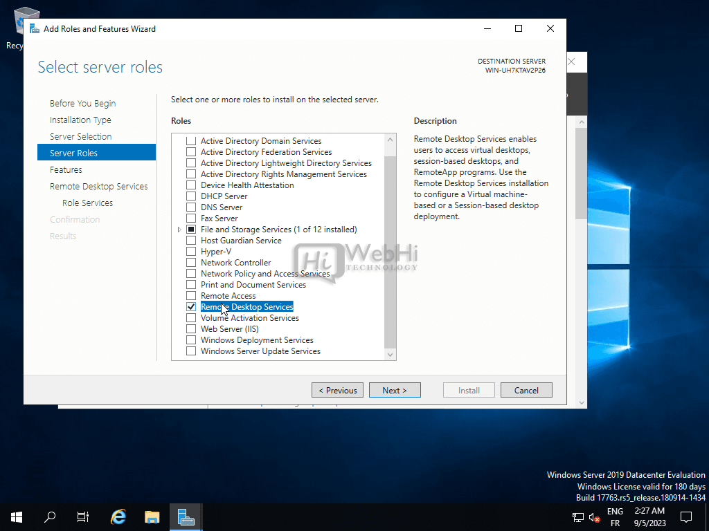 Windows Server 2019 2016 2022 sélectionnez les rôles de serveur