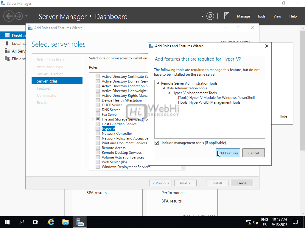 Add Roles and Features Wizard Server Roles page Hyper-V installation