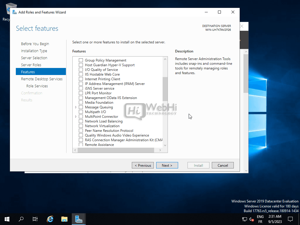 fonctionnalités du serveur Windows 2019 2016