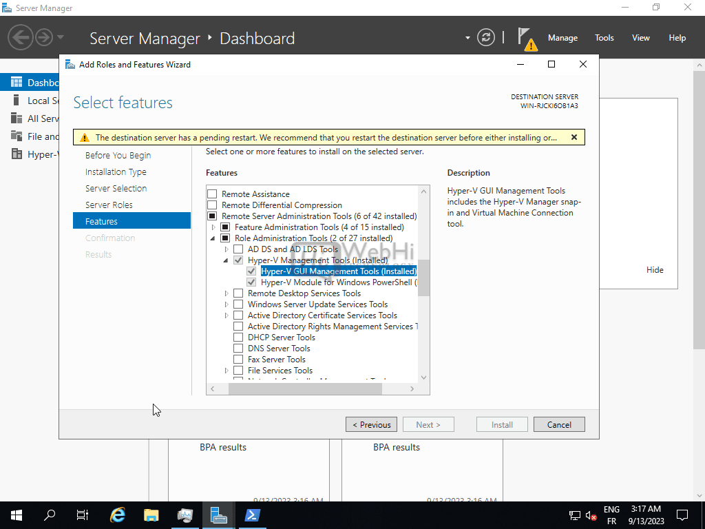 Assistant d'ajout de rôles et de fonctionnalités Page des fonctionnalités Installation d'Hyper-V
