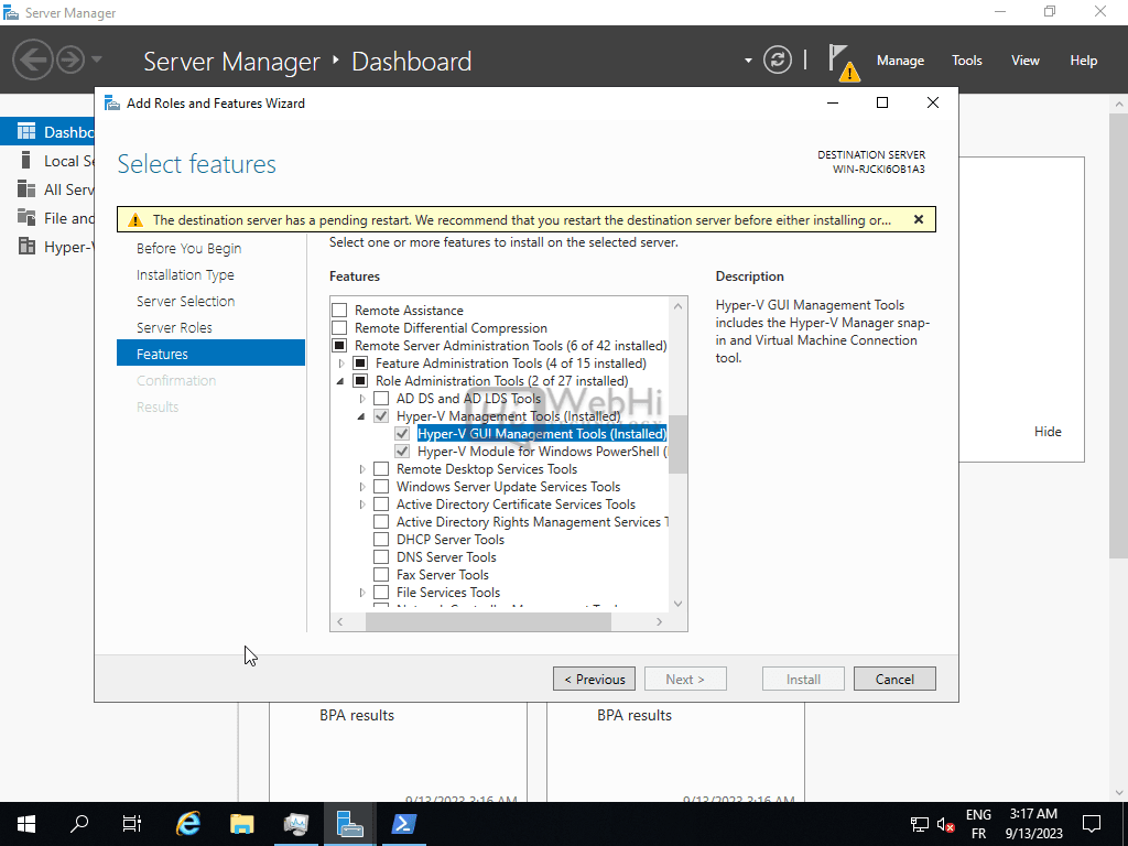 Add Roles and Features Wizard Features page Hyper-V installation