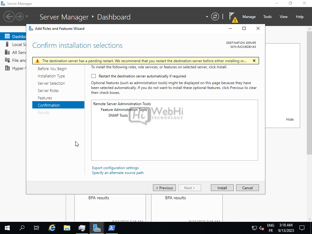 Assistant d'ajout de rôles et de fonctionnalités Page de confirmation de l'installation d'Hyper-V
