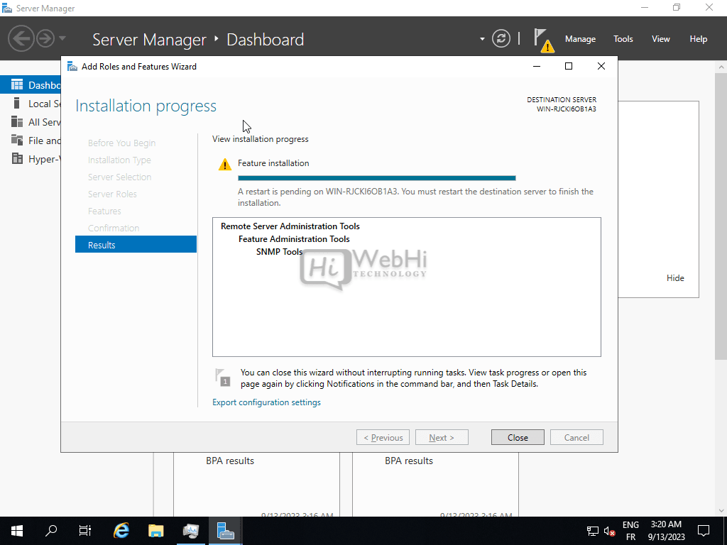 Add Roles and Features Wizard Hyper-V installation completes