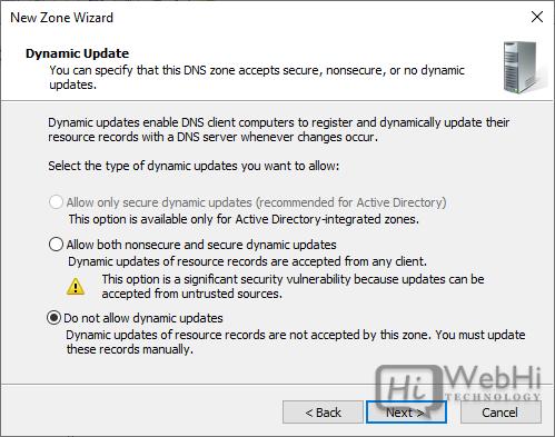 New Zone Popup Dynamic updates Windows Server 2019