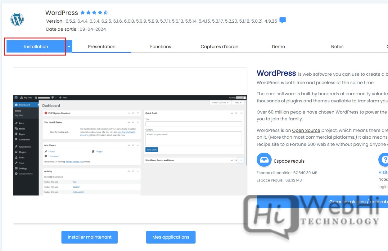 Page des détails de l'application WordPress dans Softaculous, incluant la version, la date de sortie et les options d'installation.