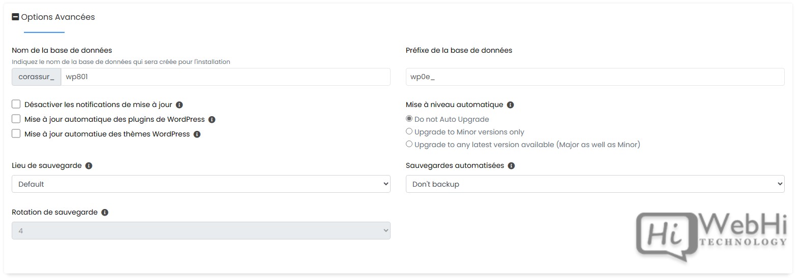 Options avancées pour l'installation de WordPress dans Softaculous, y compris les paramètres de base de données et de sauvegarde.