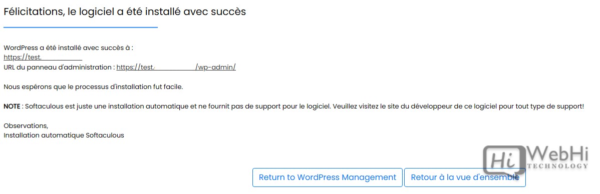 WordPress installation in Softaculous Finished