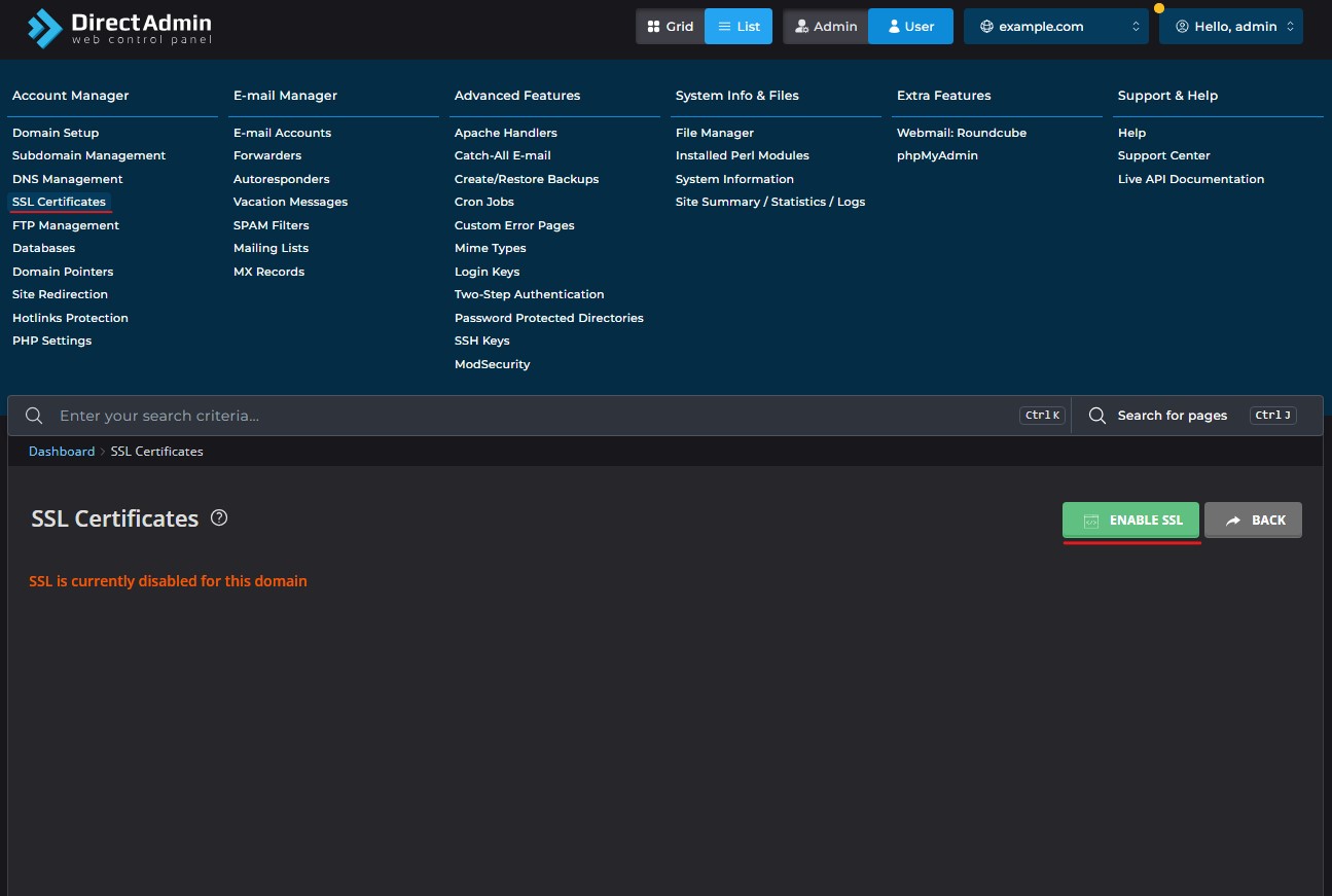 SSL Certificates Page in DirectAdmin