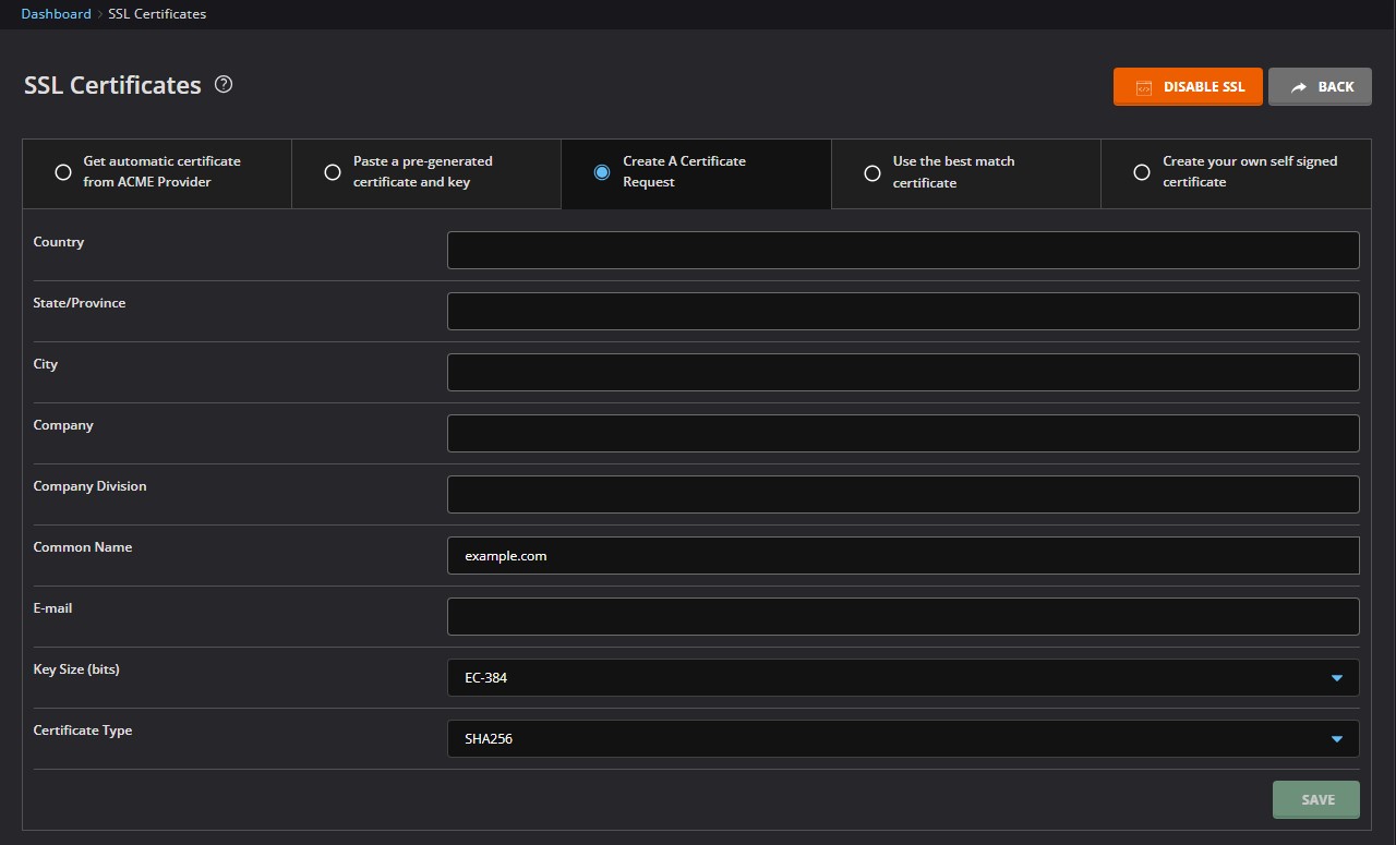 CSR Generation Page in DirectAdmin